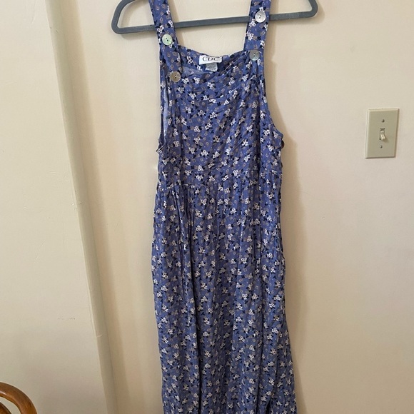 CDC VINTAGE BLUE FLORAL OVERALL FLOWY SLEEVELESS DRESS COTTAGE CORE 6 - Picture 2 of 6